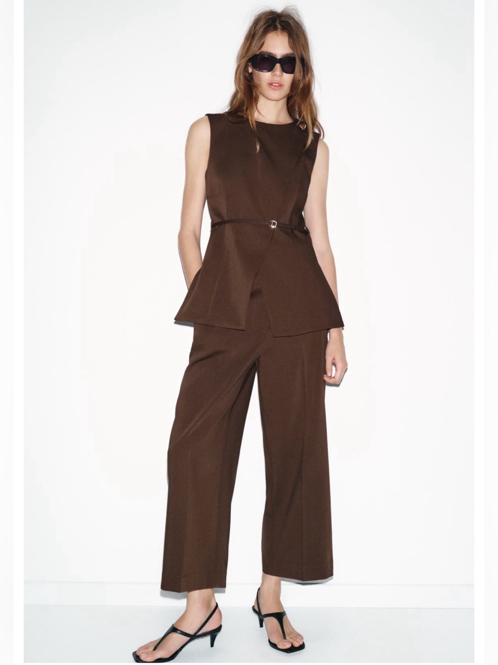Zara Brown Sleeveless Tailored Top and Wide-Leg Pant Set